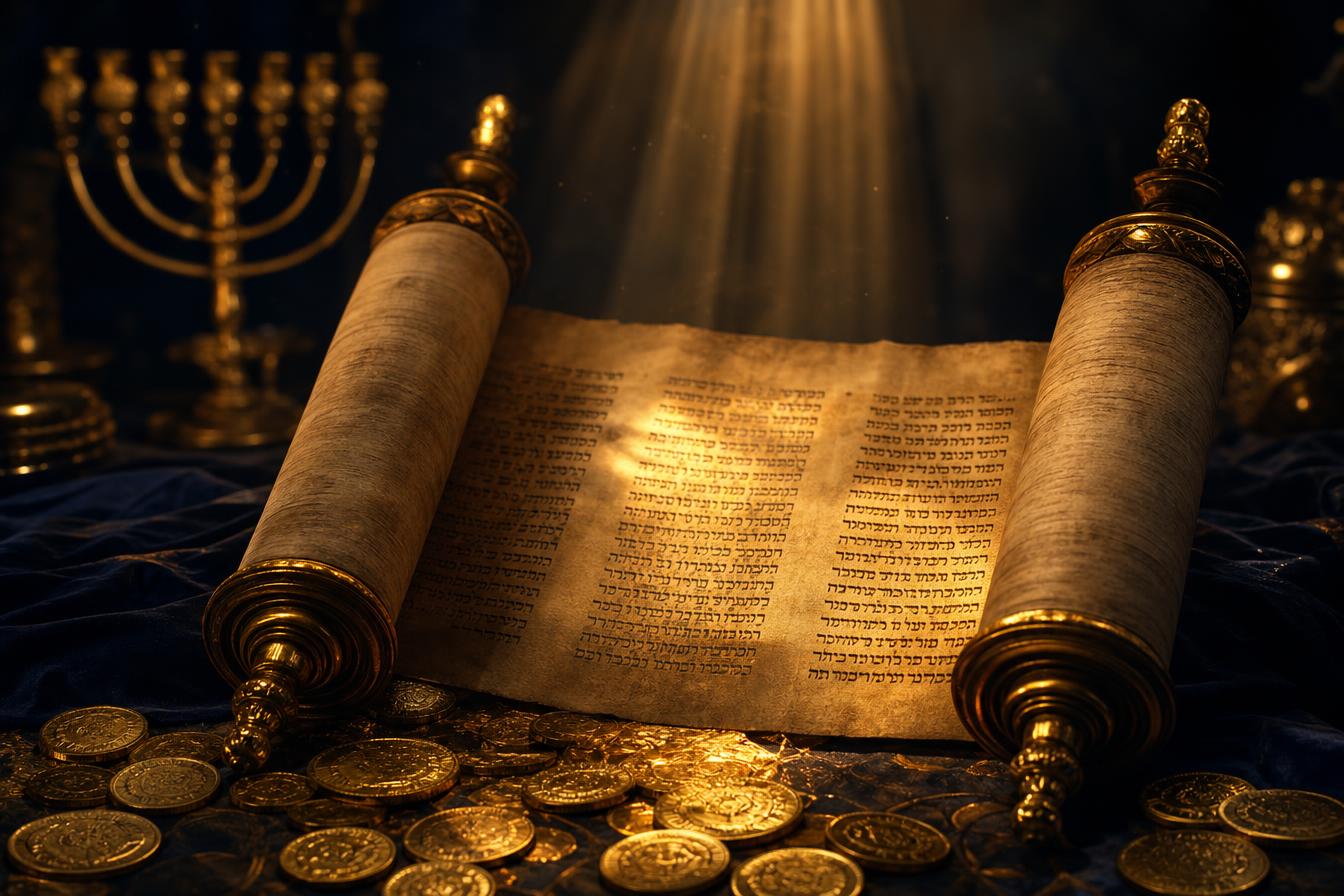 Rolo da Torá antigo iluminado por luz dourada com moedas de ouro e menorá ao fundo, simbolizando os códigos milenares da prosperidade judaica